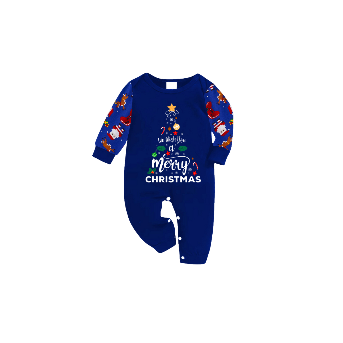 We Wish You a Merry Christmas Family Pajamas Set - Blue Top / Santa and Reindeer Print Blue Pants / Matching Blue Sleeves