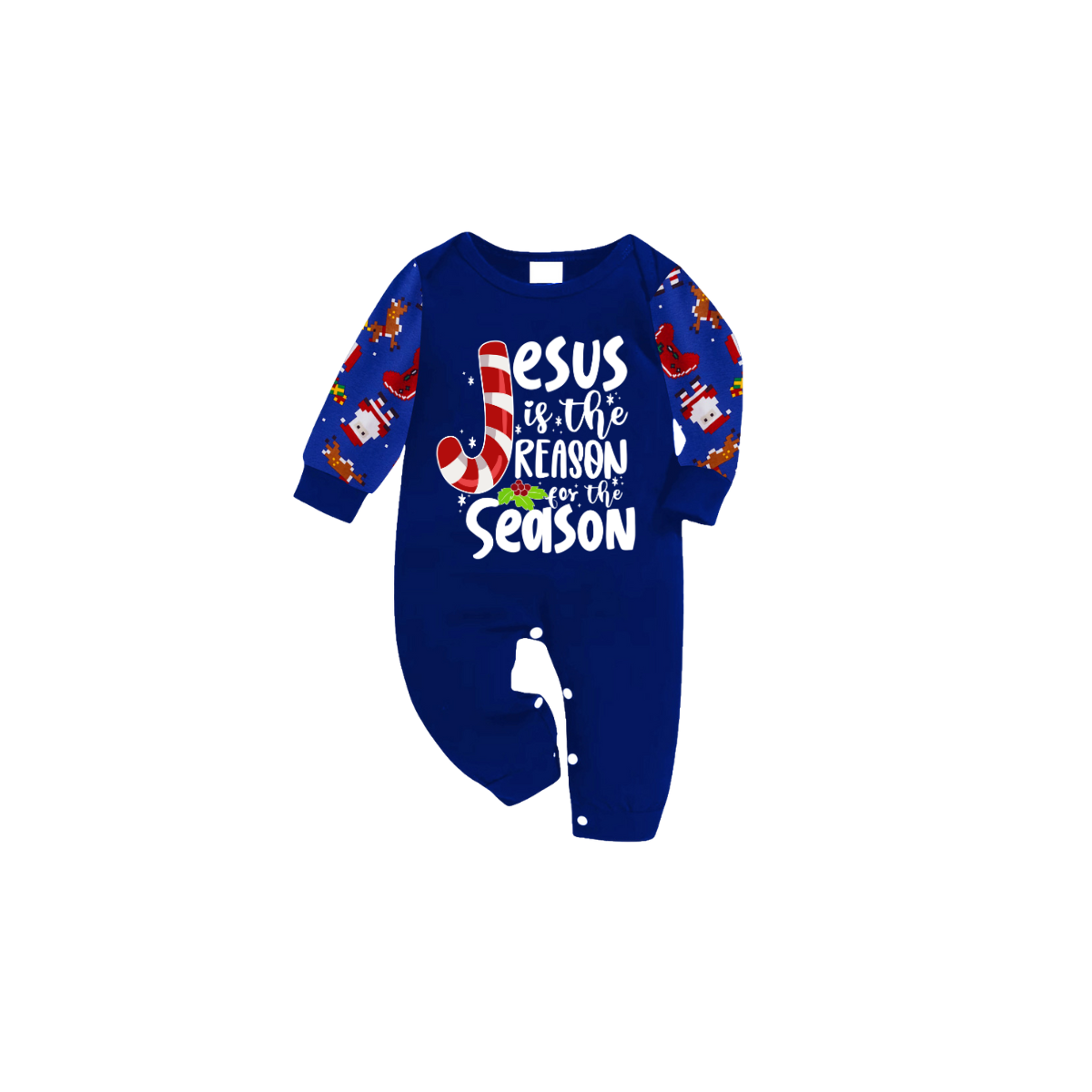 Blue Christmas Pajama Set with Santa, Gingerbread, and Candy Cane Design