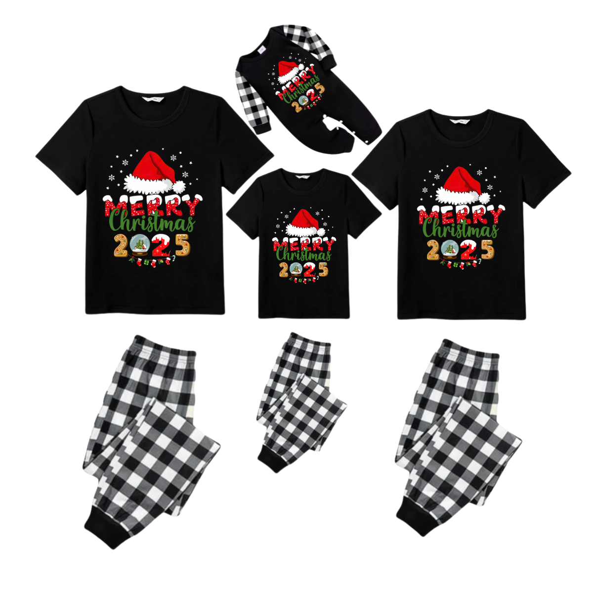 Black and White Plaid Christmas Short Sleeve Pajamas Set With Santa Hat and "Merry Christmas 2025" Text Print