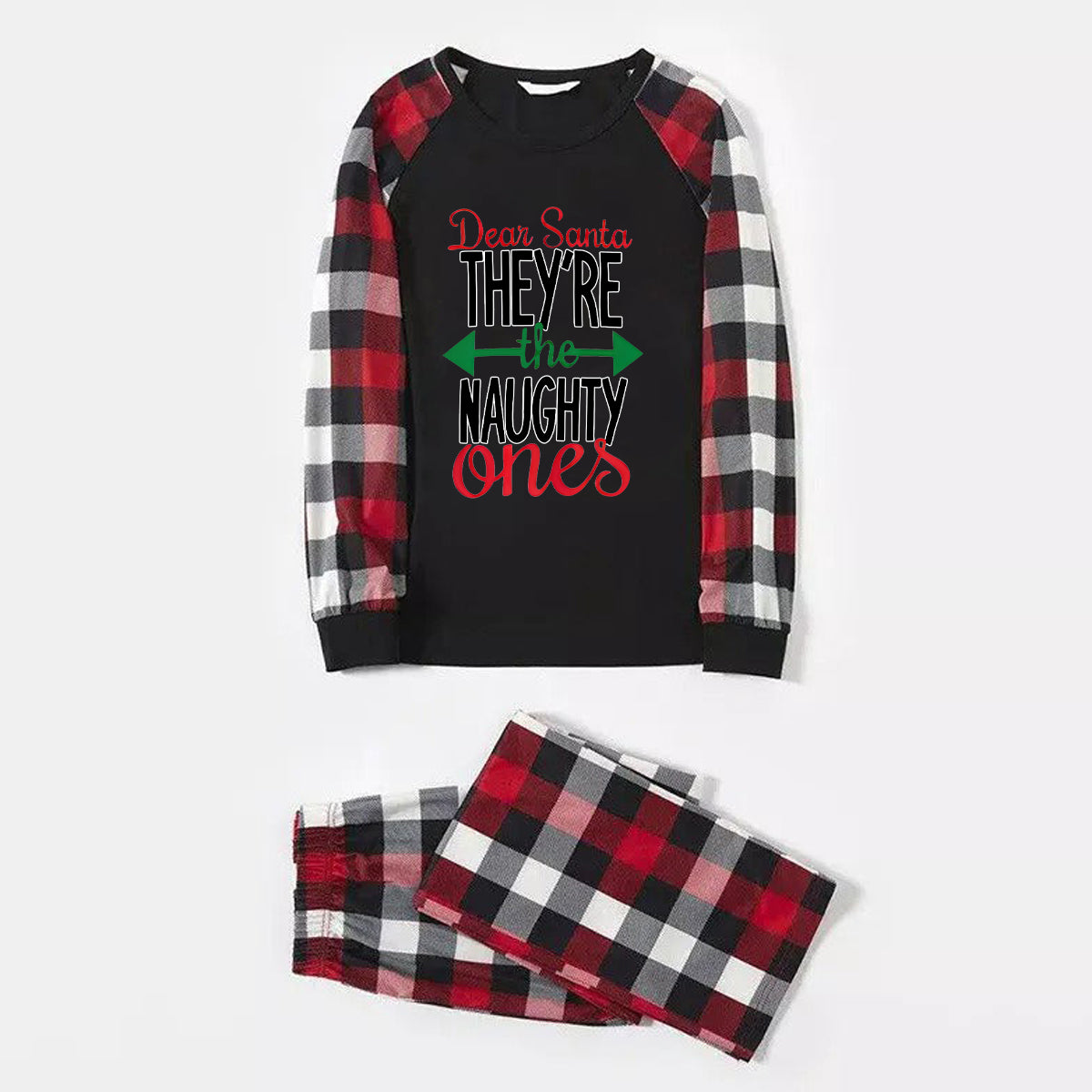 'Dear Santa They Are The Naughty One' Letter Print Casual Long Sleeve Sweatshirts Contrast Tops and Red & Black & White Plaid Pants Family Matching Pajamas Set With Dog Bandana