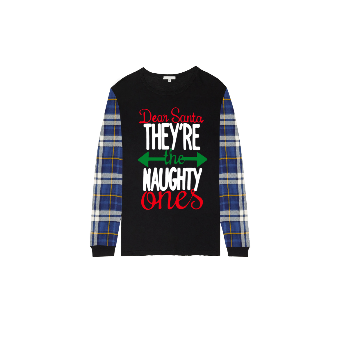 Blue Plaid Raglan Sleeve Black Top with Dear Santa They Are the Naughty Ones Printed Plaid Pants Family Matching Christmas Pajamas Sets