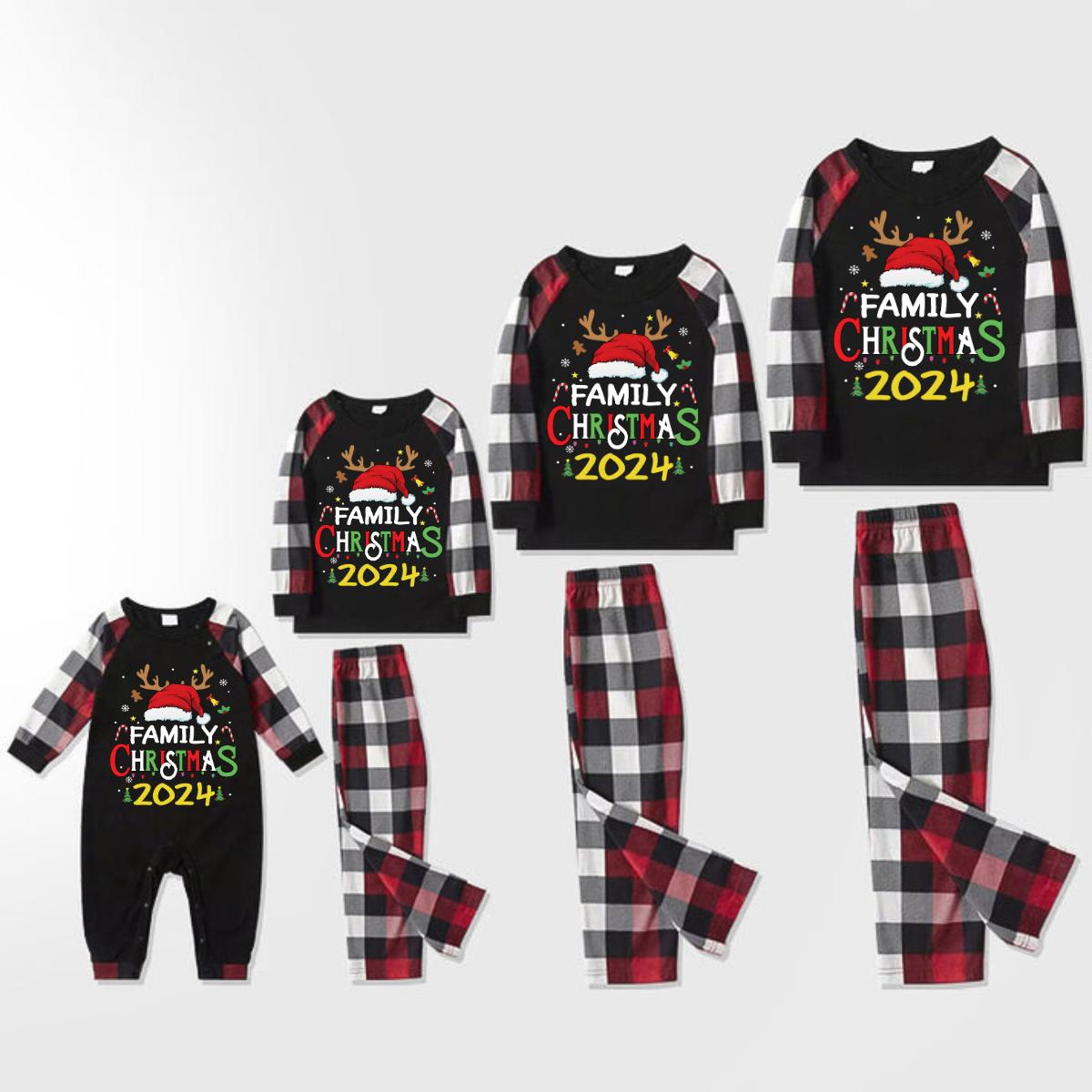 Family Christmas Shirts Santa Hat Christmas Deer Patterned and 'FAMILY CHRISTMAS 2024 ' Letter Print Contrast Tops and Red & Black & White Plaid Pants Family Matching Pajamas Set With Dog Bandana