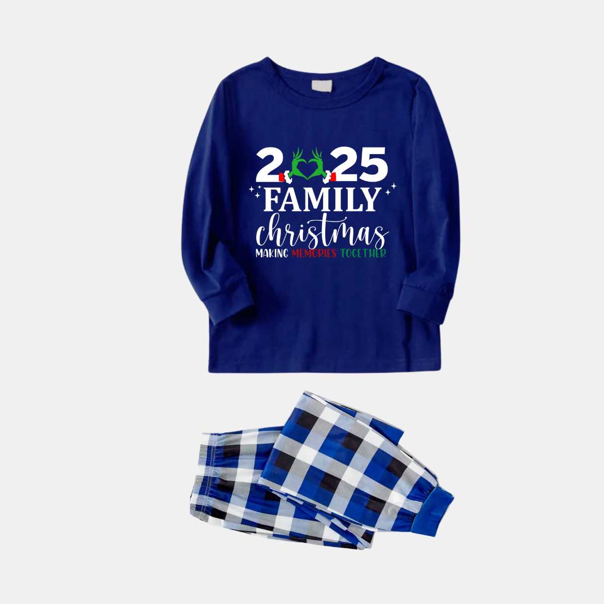 "2025 Family Christmas" Text Printed Blue and White Plaid Family Matching Pajamas