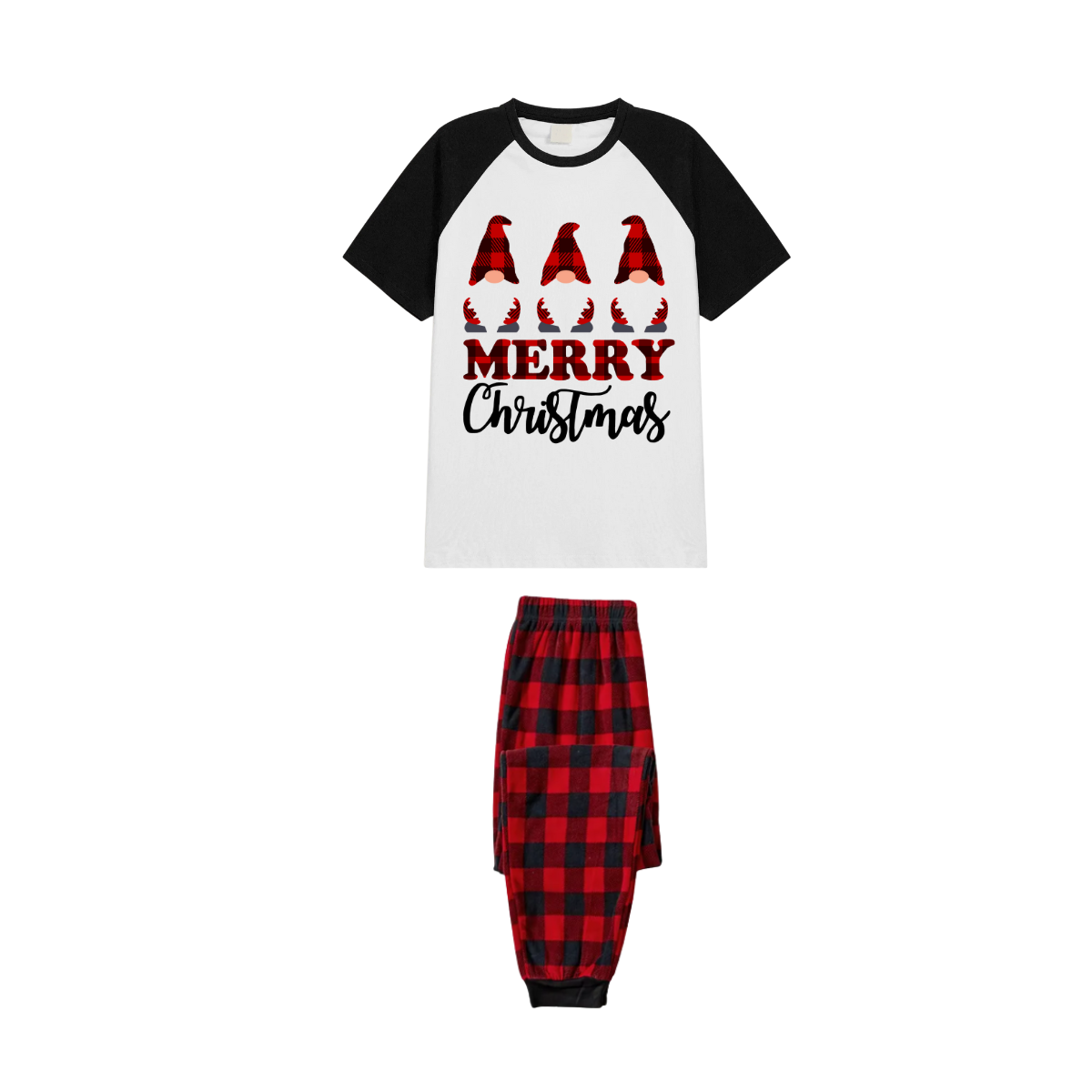 Merry Christmas Gnome Family Pajamas Set - White Top Black Sleeves Red Plaid Pants Red and Black Graphic