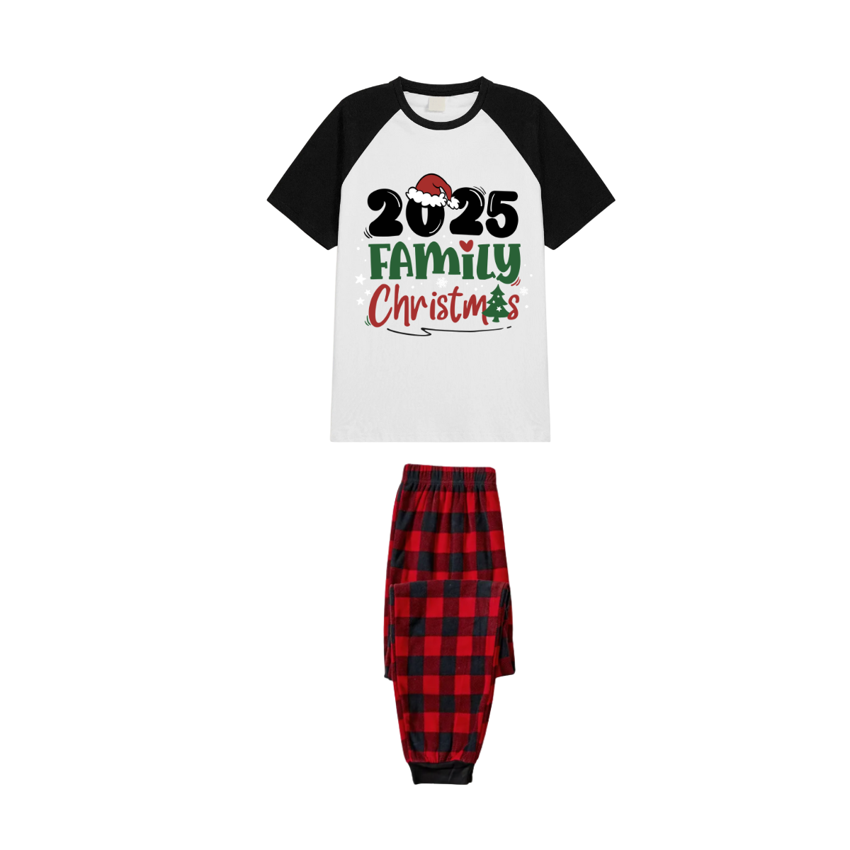 2025 Family Christmas Pajamas Set - White Top Black Sleeves Red Plaid Pants Green and Red Text Graphic