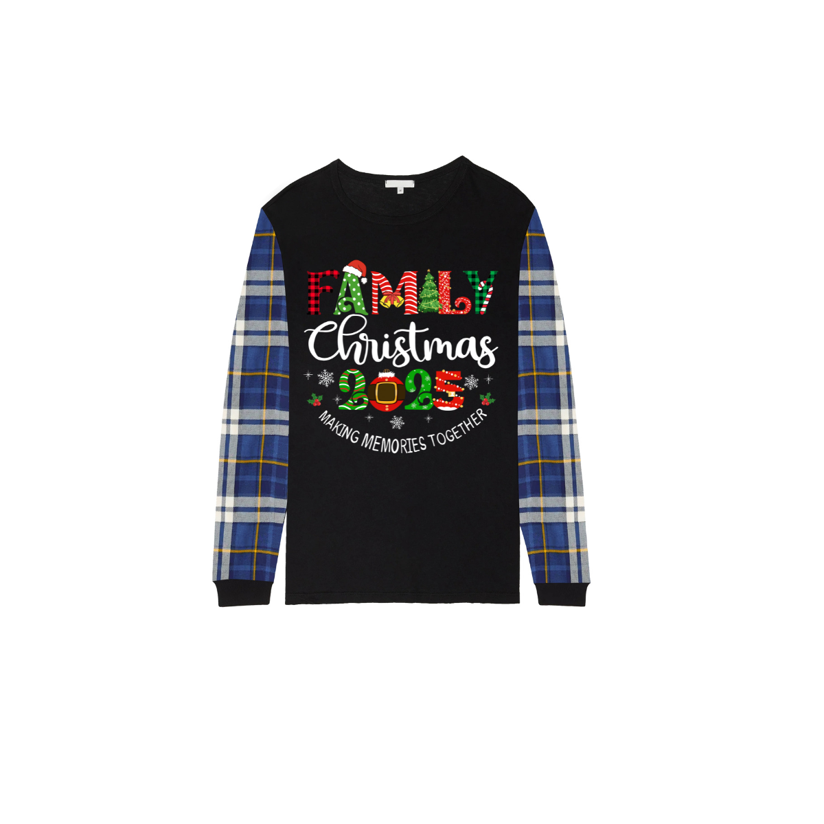 Family Christmas 2025 Making Memories Family Pajamas Set - Black Top, Blue Pants, Blue Plaid Sleeves