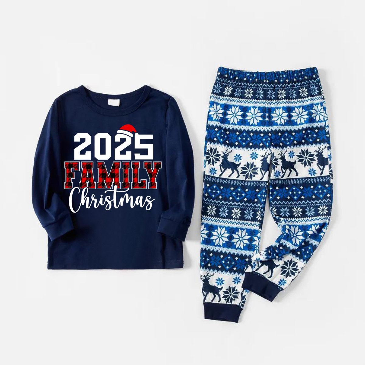 2025 Family Christmas Text Print Blue Family Christmas Matching Pajamas