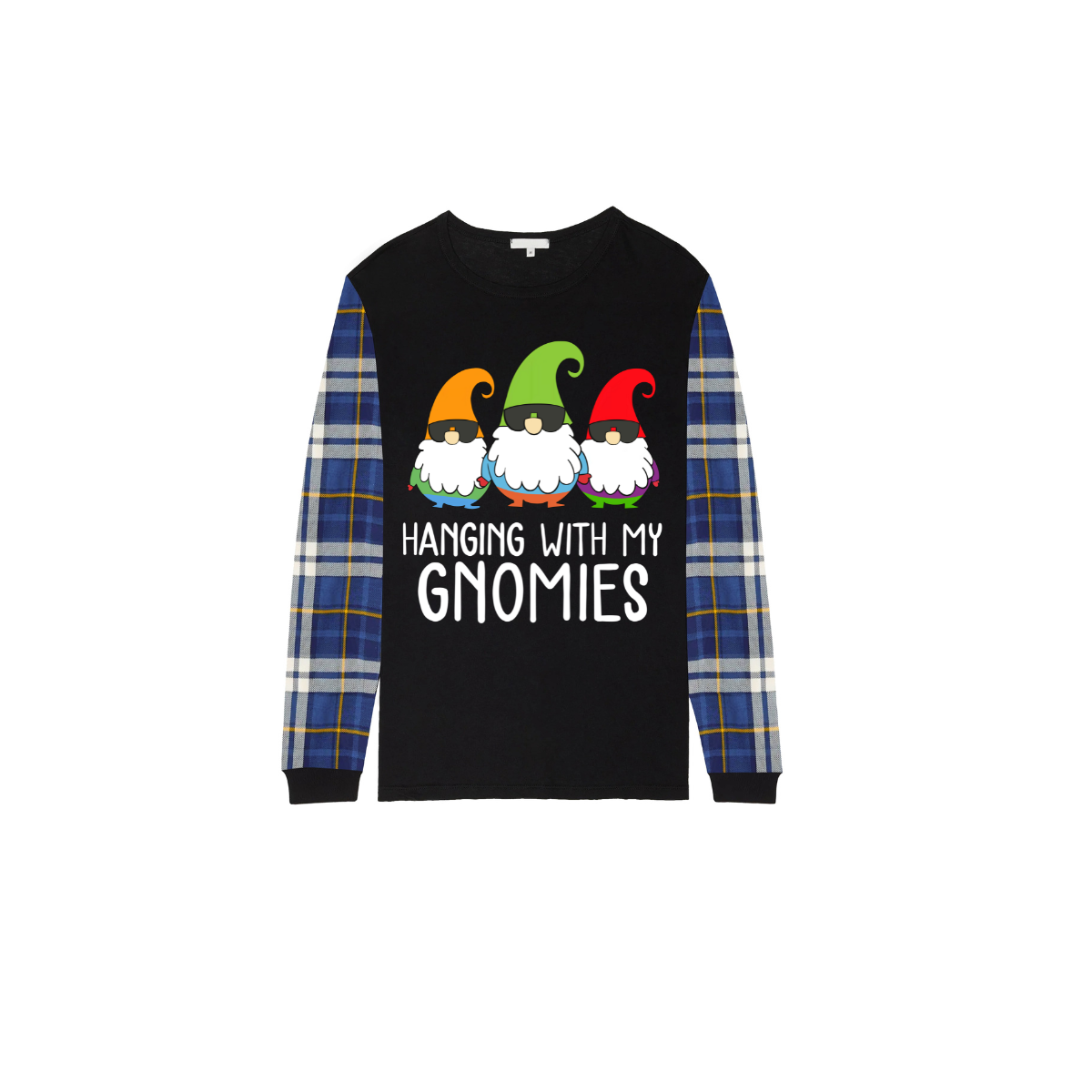 Hanging With My Gnomies Christmas 2025 Family Pajamas Set - Black Top, Blue Pants, Blue Plaid Sleeves
