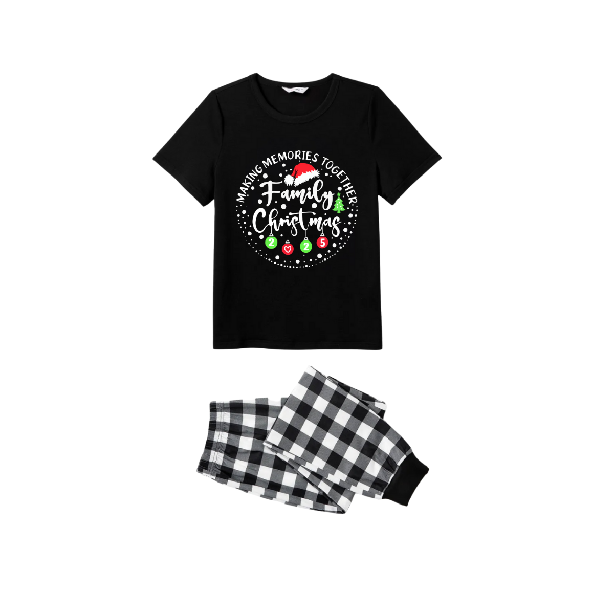 Making Memories Together Family Christmas 2025 Pajamas Set - Black Top Black and White Plaid Pants White Text Graphic