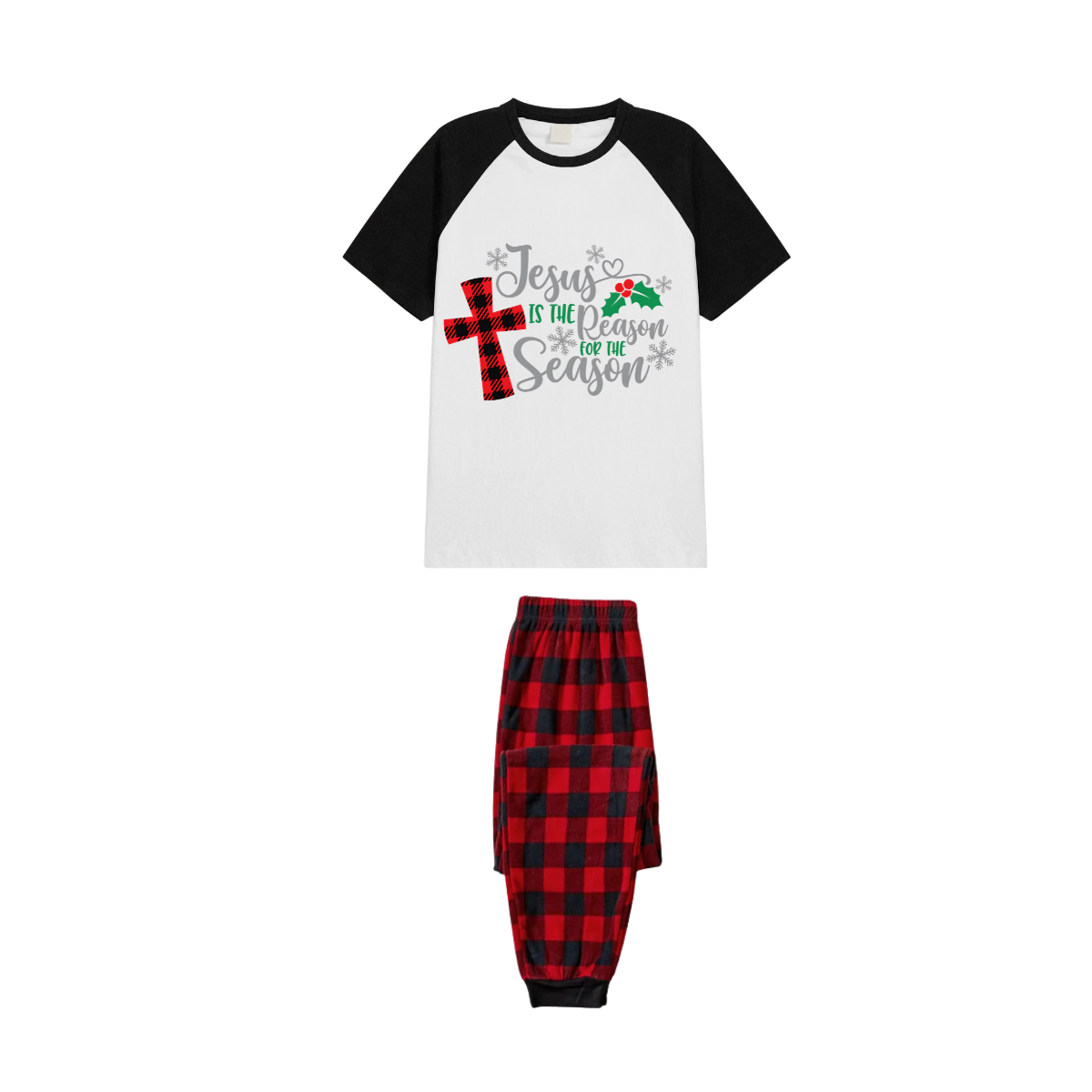 Jesus is the Reason Family Christmas Pajamas Set - White Top, Red Plaid Pants, Black Sleeves, Red Plaid Cross and Holly Print