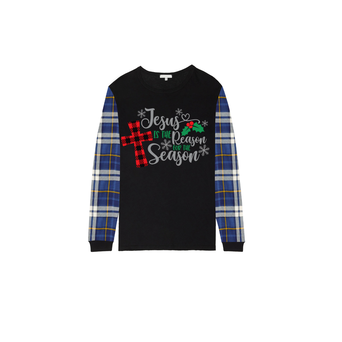 Jesus Is the Reason Family Christmas Pajamas Set Matching Black & Blue Plaid