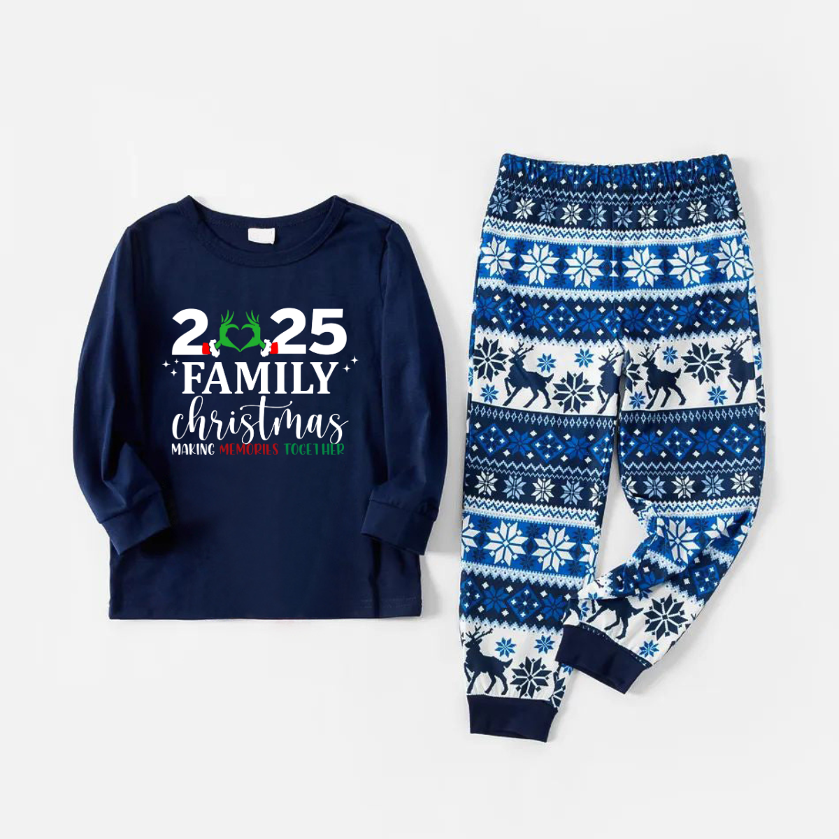 "2025 Family Christmas" Quirky Heart Letter Print Blue Long Sleeve Family Matching Pajamas With Dog bandana