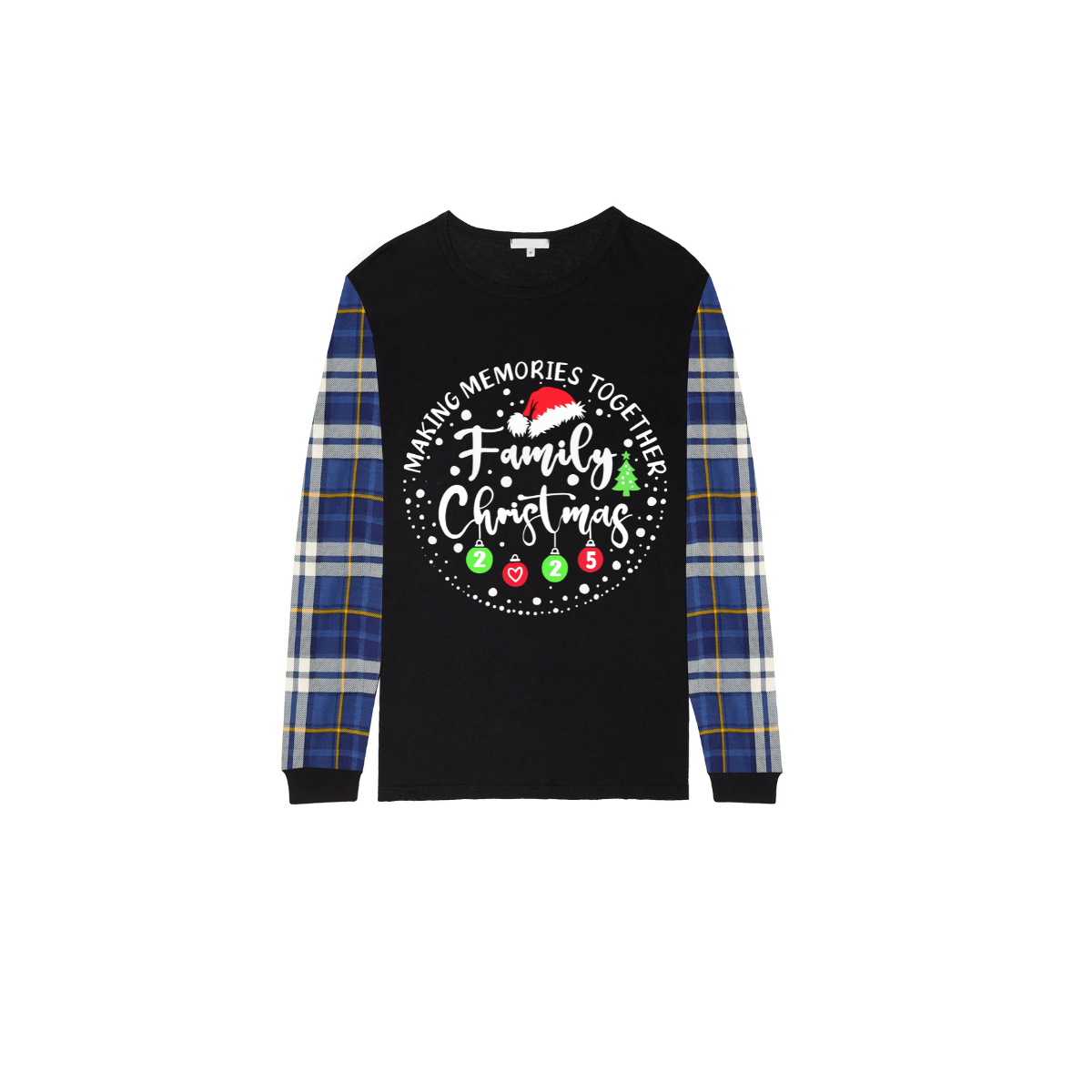 Making Memories Together Family Christmas 2025 Family Pajamas Set - Black Top, Blue Pants, Blue Plaid Sleeves