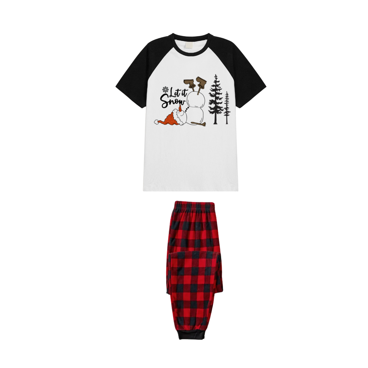 Let It Snow Family Pajamas Set - White Top Black Sleeves Red Plaid Pants Christmas Snowman Graphic