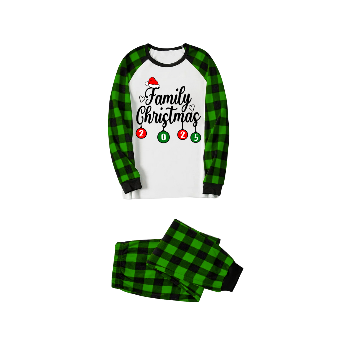 Family Christmas 2025 Pajamas Set - White Top / Green Plaid