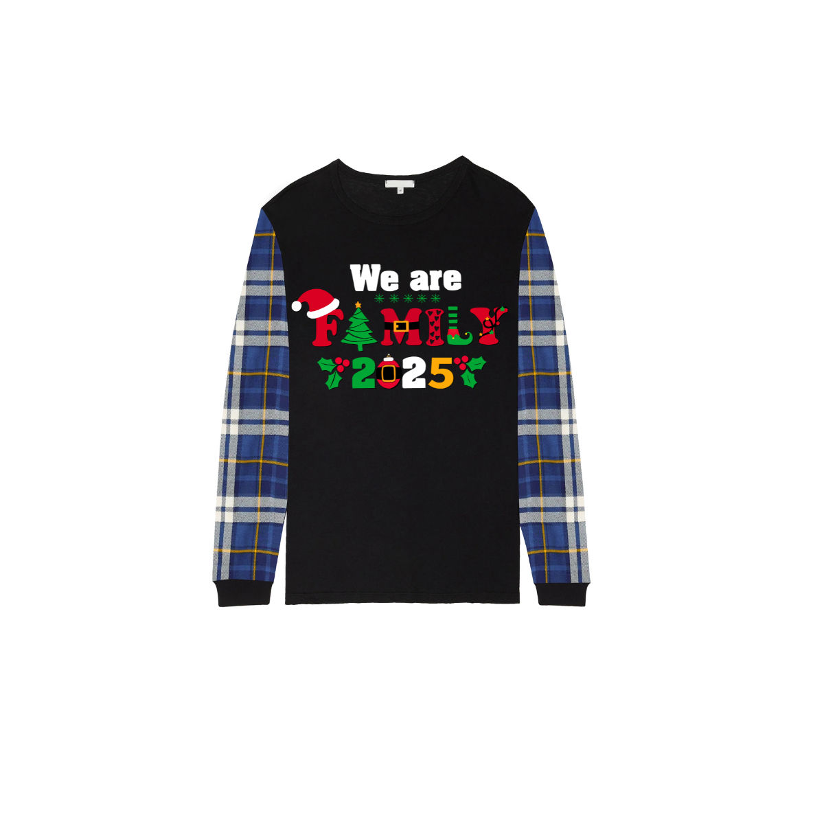 We Are Family Christmas 2025 Family Pajamas Set - Black Top, Blue Pants, Blue Plaid Sleeves
