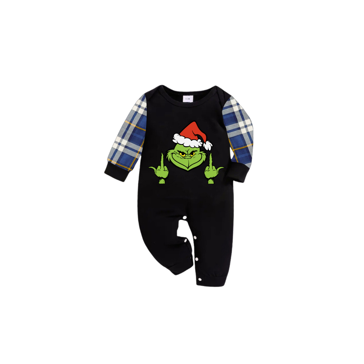 Grinch Santa Middle Finger Family Christmas Pajamas Black Top with Blue Plaid Pants