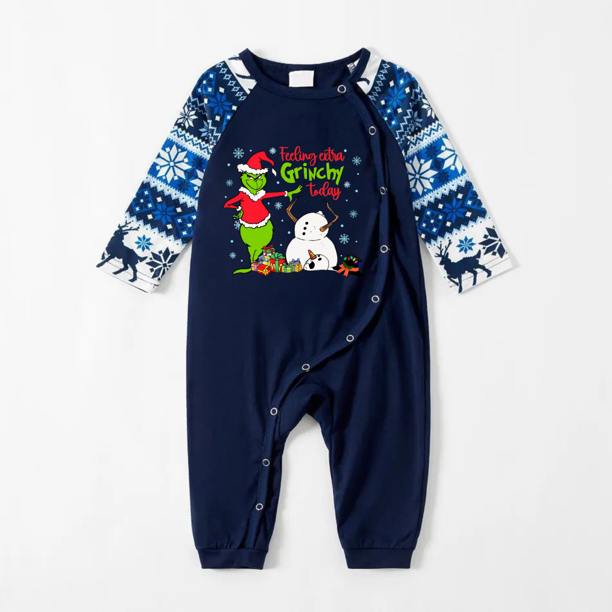 Joyful Blue Christmas Pajamas Set With Grinch and Snowman Print