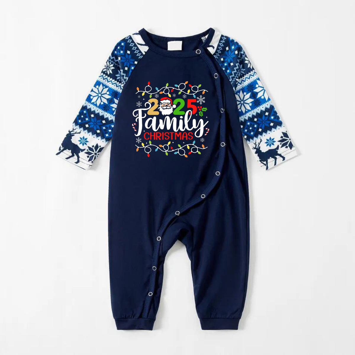 Joyful Blue Christmas Pajamas Set With Christmas Light and "2025 Family Christmas" Text Print
