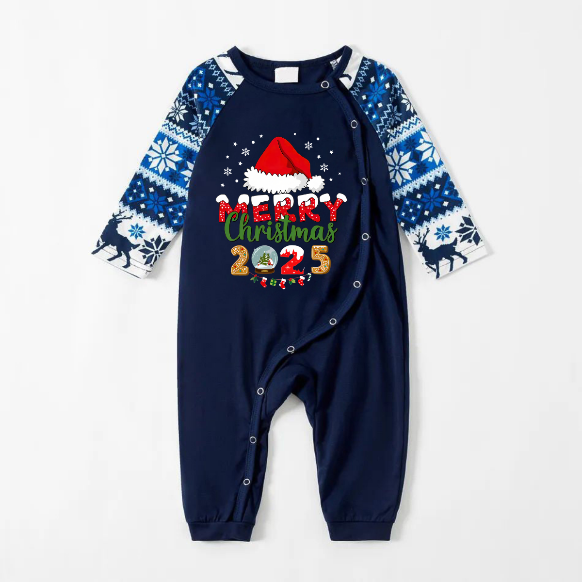 Joyful Blue Christmas Pajamas Set With Santa Hat and "Merry Christmas 2025" Text Print