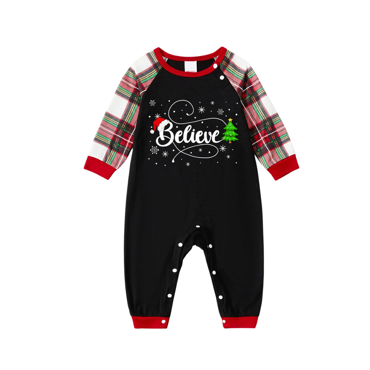 Christmas "Believe" Text and Tree Print Black Long Sleeve Top with Red & White & Green Plaid Family Matching Pajamas
