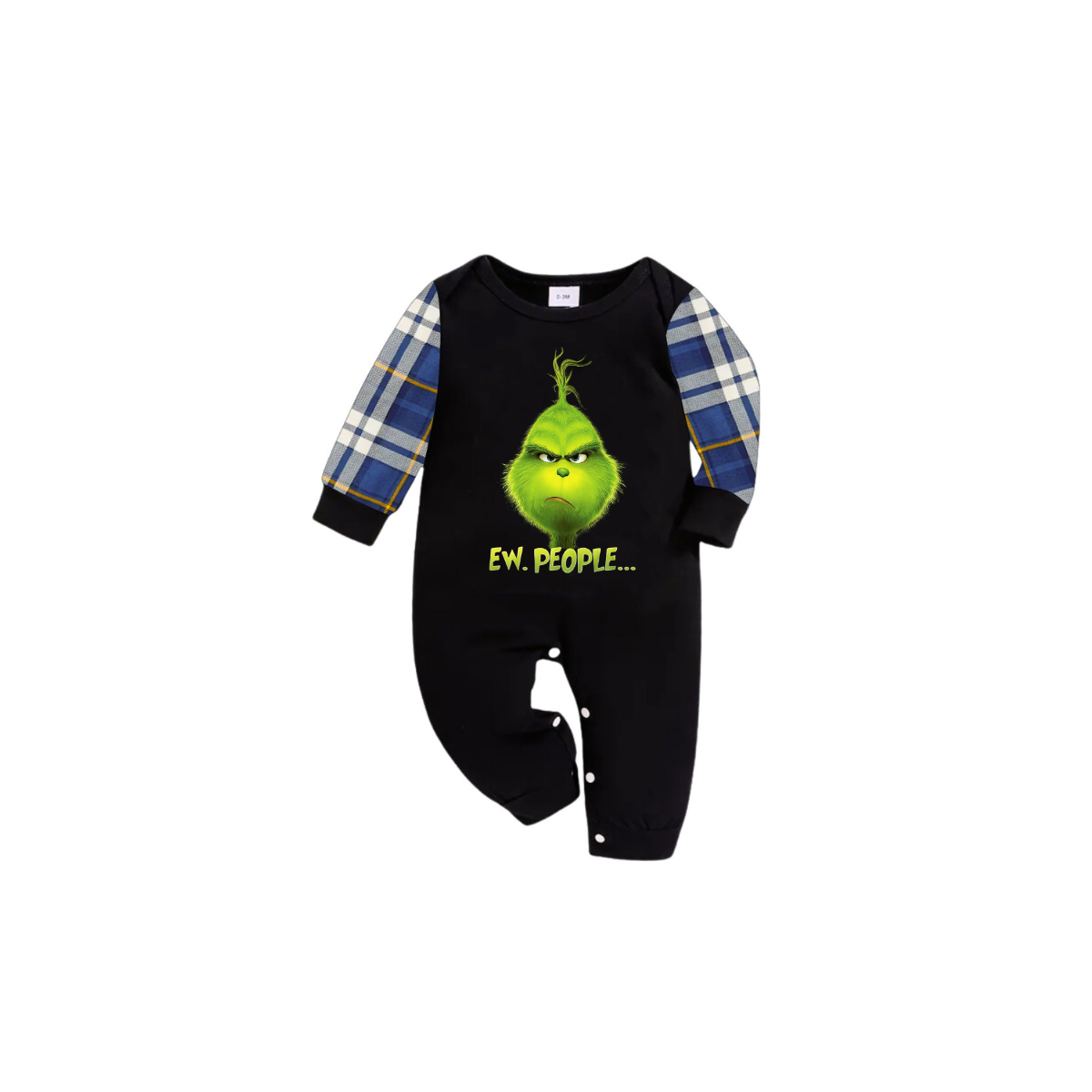 Grinch Ew, People... Matching Family Christmas Pajamas-Black Tops & Blue Plaid Pants