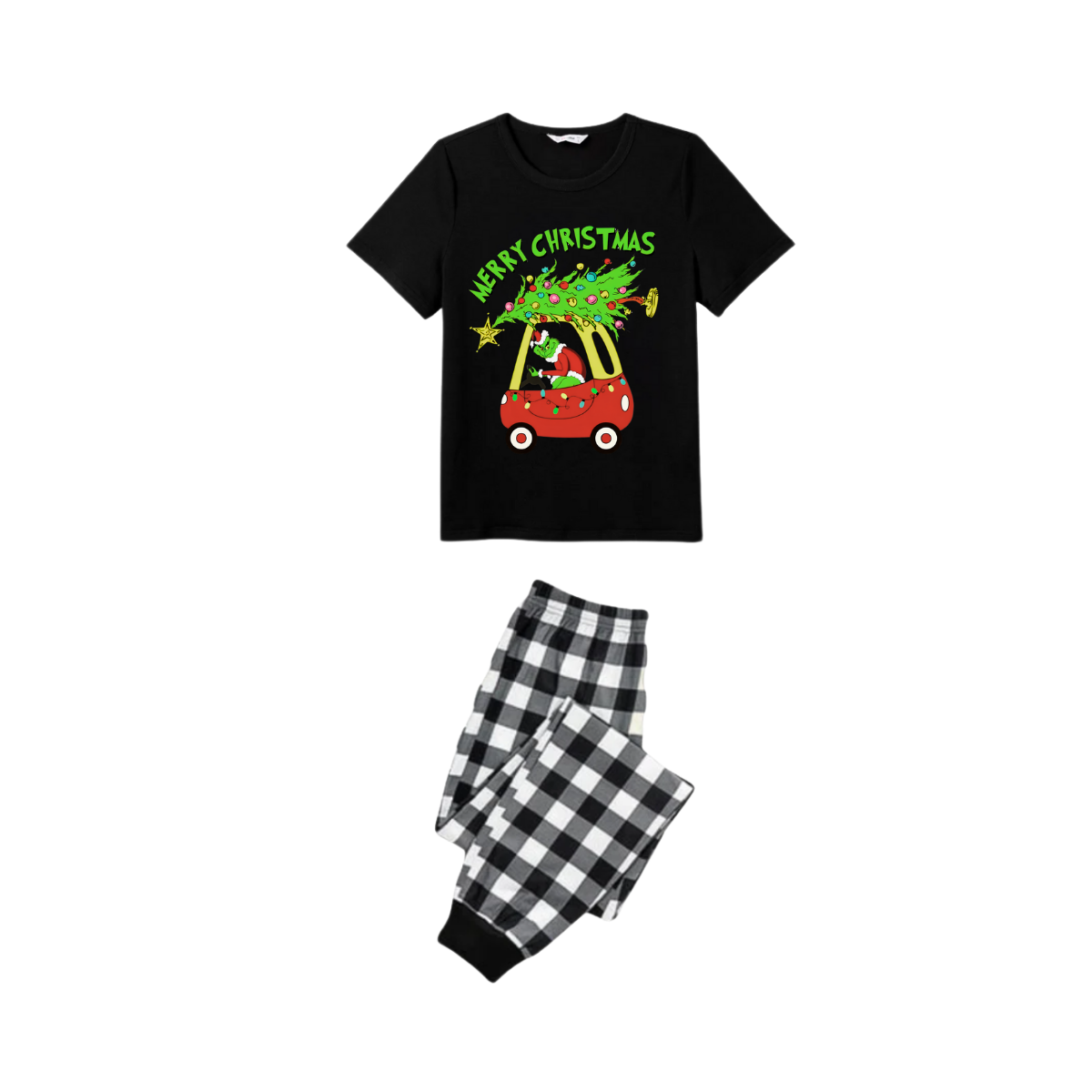 Black and White Plaid Christmas Short Sleeve Pajamas Set With Grinch and Christmas Tree Print