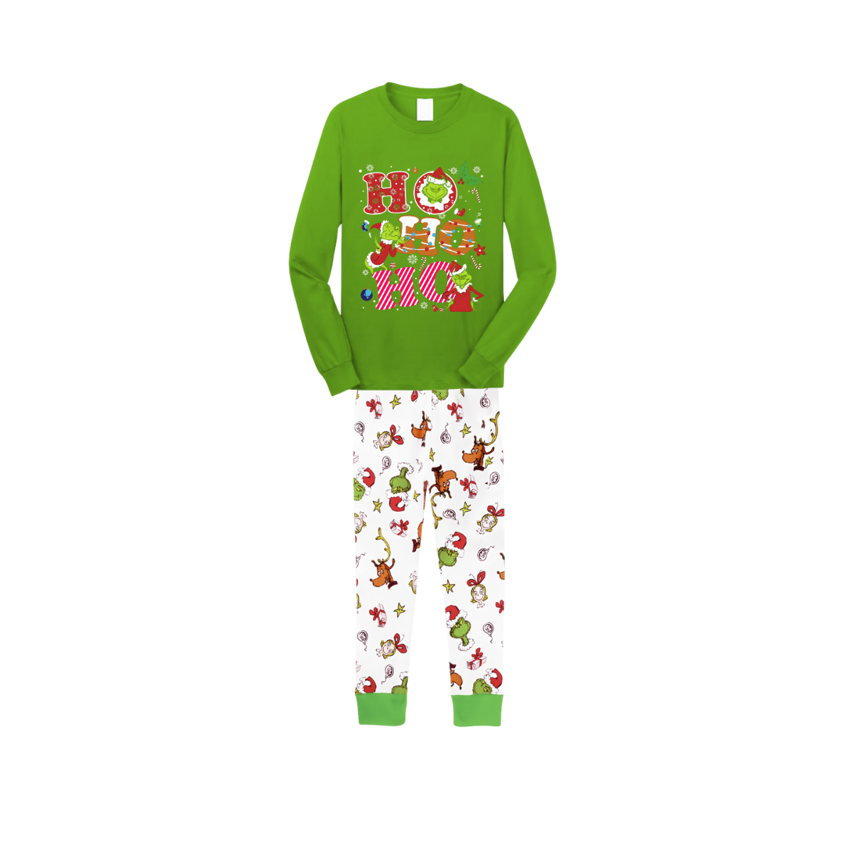Green Top and Grinch Pants Pajamas Set With Grinch and "HO HO HO" Text Print