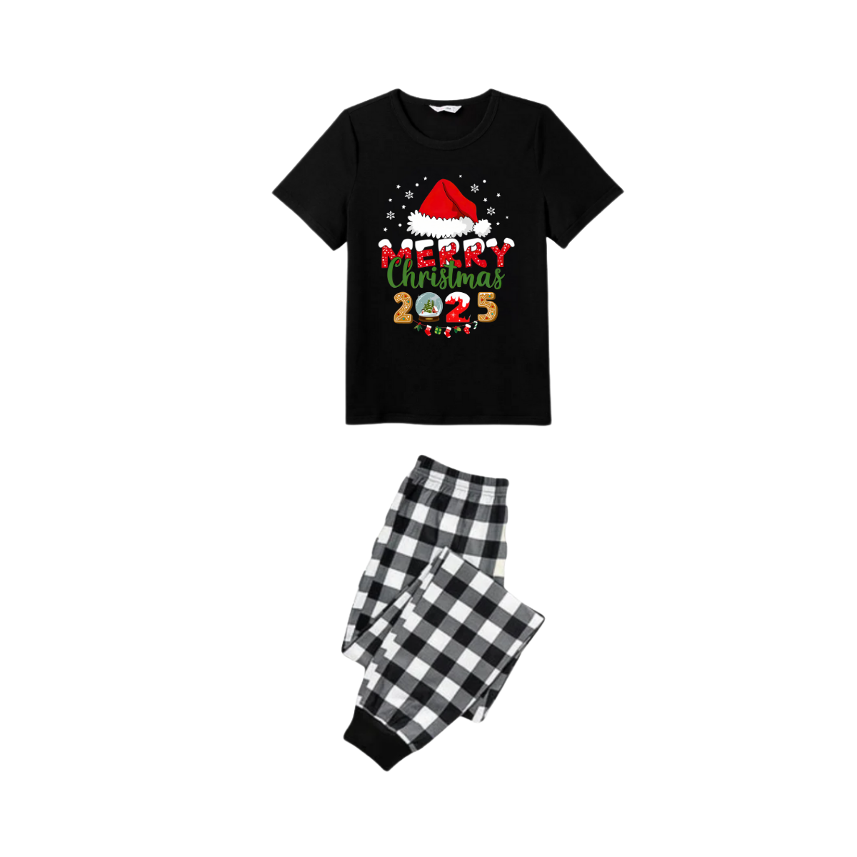 Black and White Plaid Christmas Short Sleeve Pajamas Set With Santa Hat and "Merry Christmas 2025" Text Print