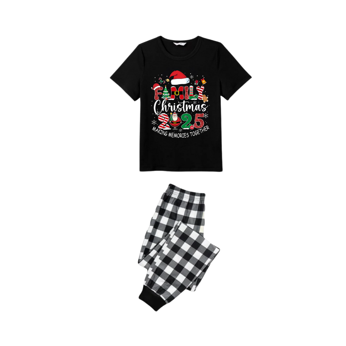 Black and White Plaid Christmas Short Sleeve Pajamas Set With "Family Christmas 2025 Making Memories Together" Text Print