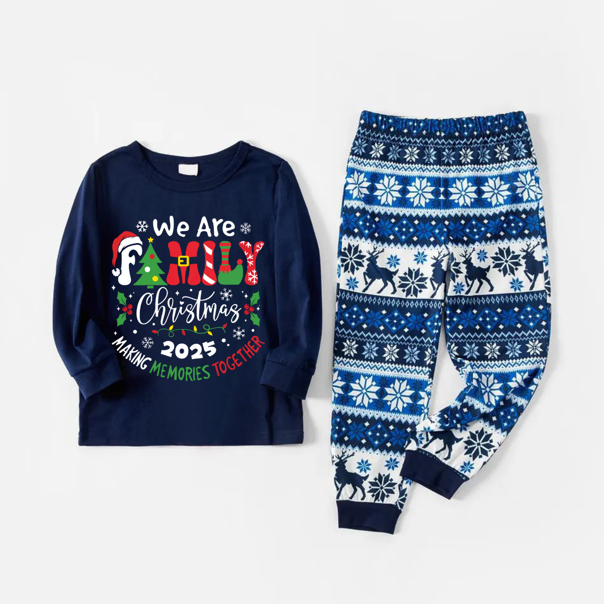 "We are Family 2025 Christmas Make Memories Together" Slogan Print Blue Long Sleeve With Blue Floral Pants Family Matching Pajamas Sets