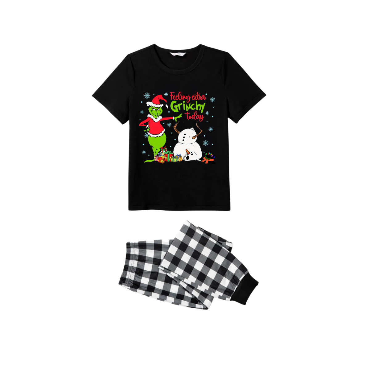 Black and White Plaid Christmas Short Sleeve Pajamas Set With Grinch and Snowman Print