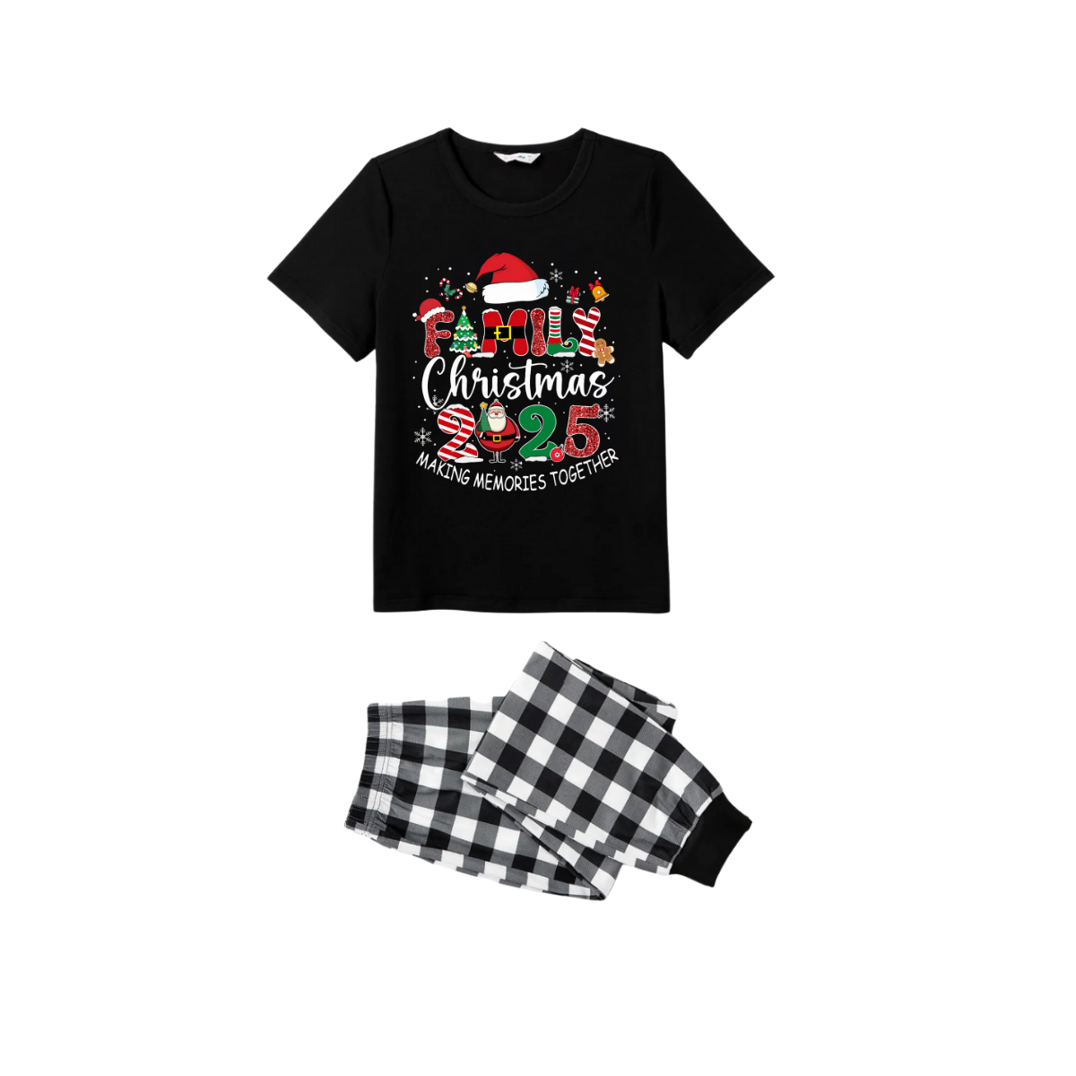 Black and White Plaid Christmas Short Sleeve Pajamas Set With "Family Christmas 2025 Making Memories Together" Text Print