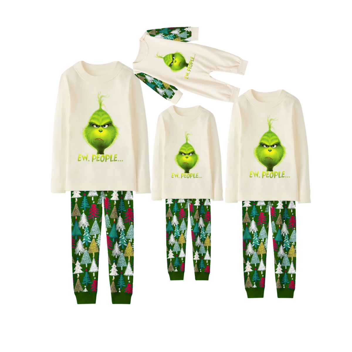 GrinchEw, People Family Christmas Pajamas Cream Top with Christmas Tree Print