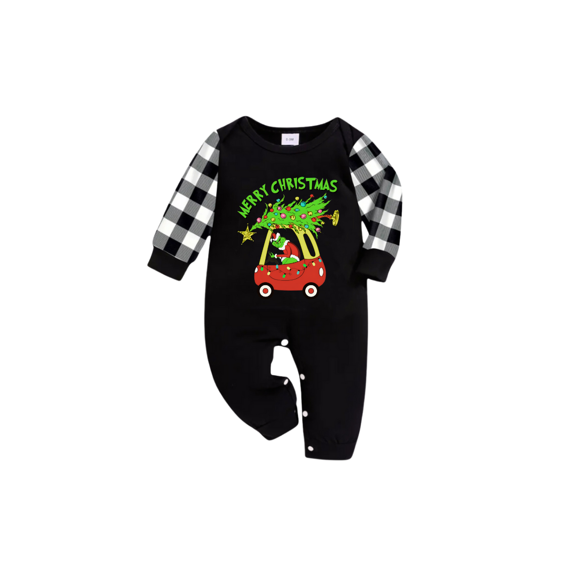 Black and White Plaid Christmas Short Sleeve Pajamas Set With Grinch and Christmas Tree Print