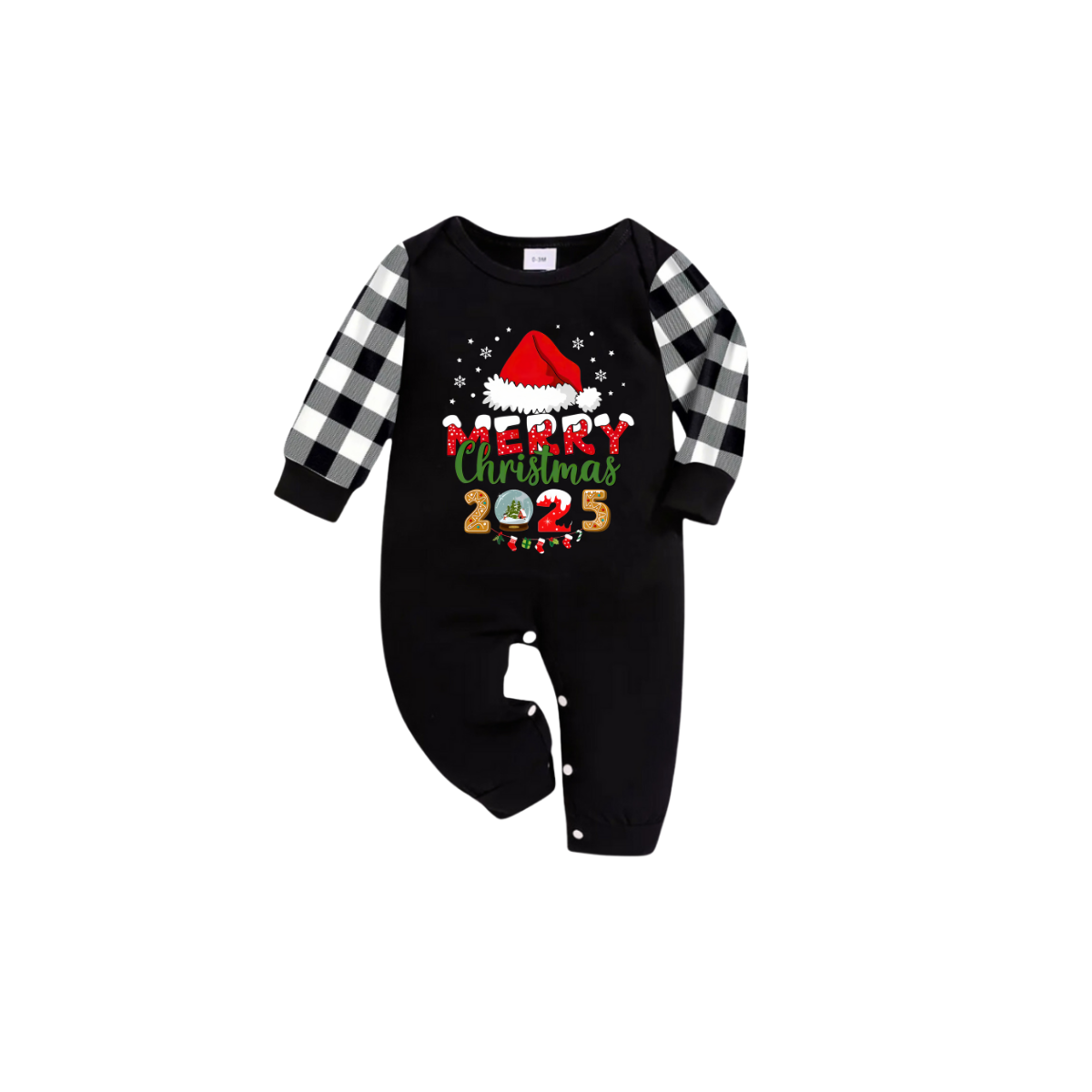 Black and White Plaid Christmas Short Sleeve Pajamas Set With Santa Hat and "Merry Christmas 2025" Text Print