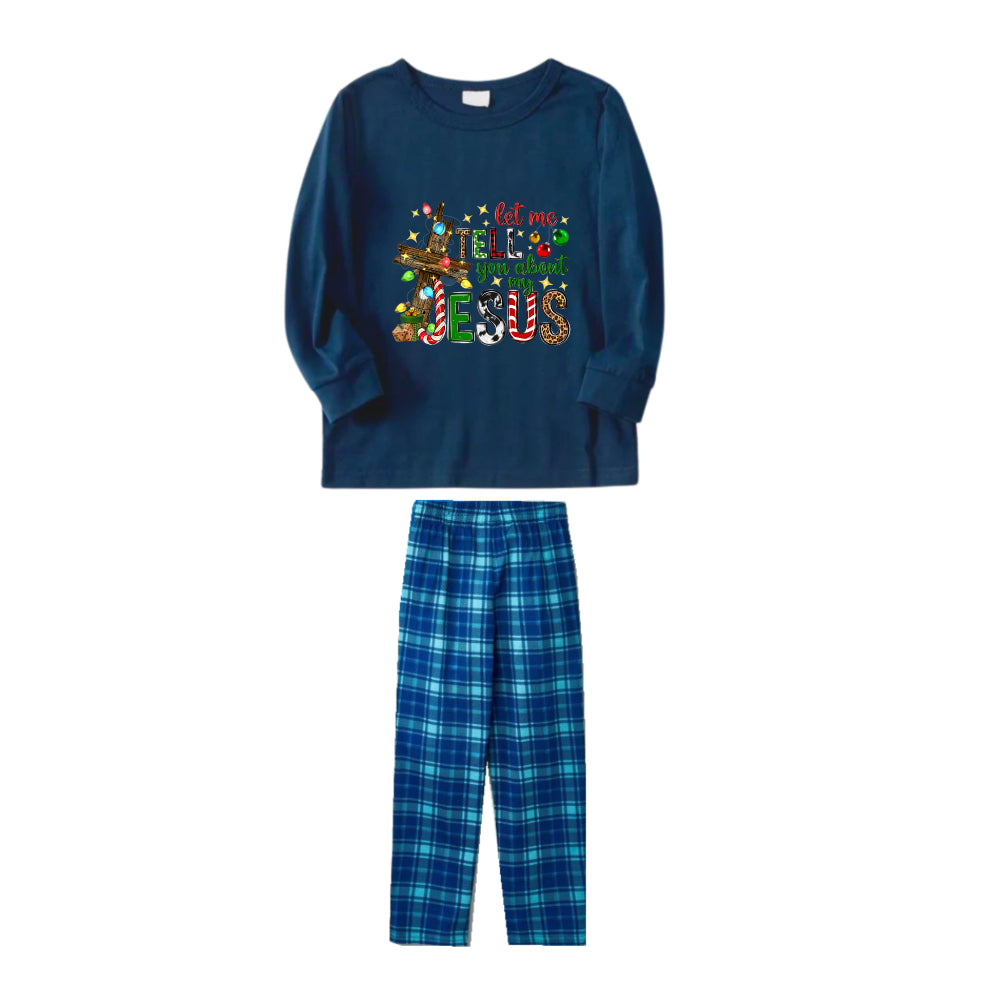 Christmas Family Matching Pajamas-Navy & Sky Blue Plaid Pjs Set with "Let Me Tell You About My Jesus" Print