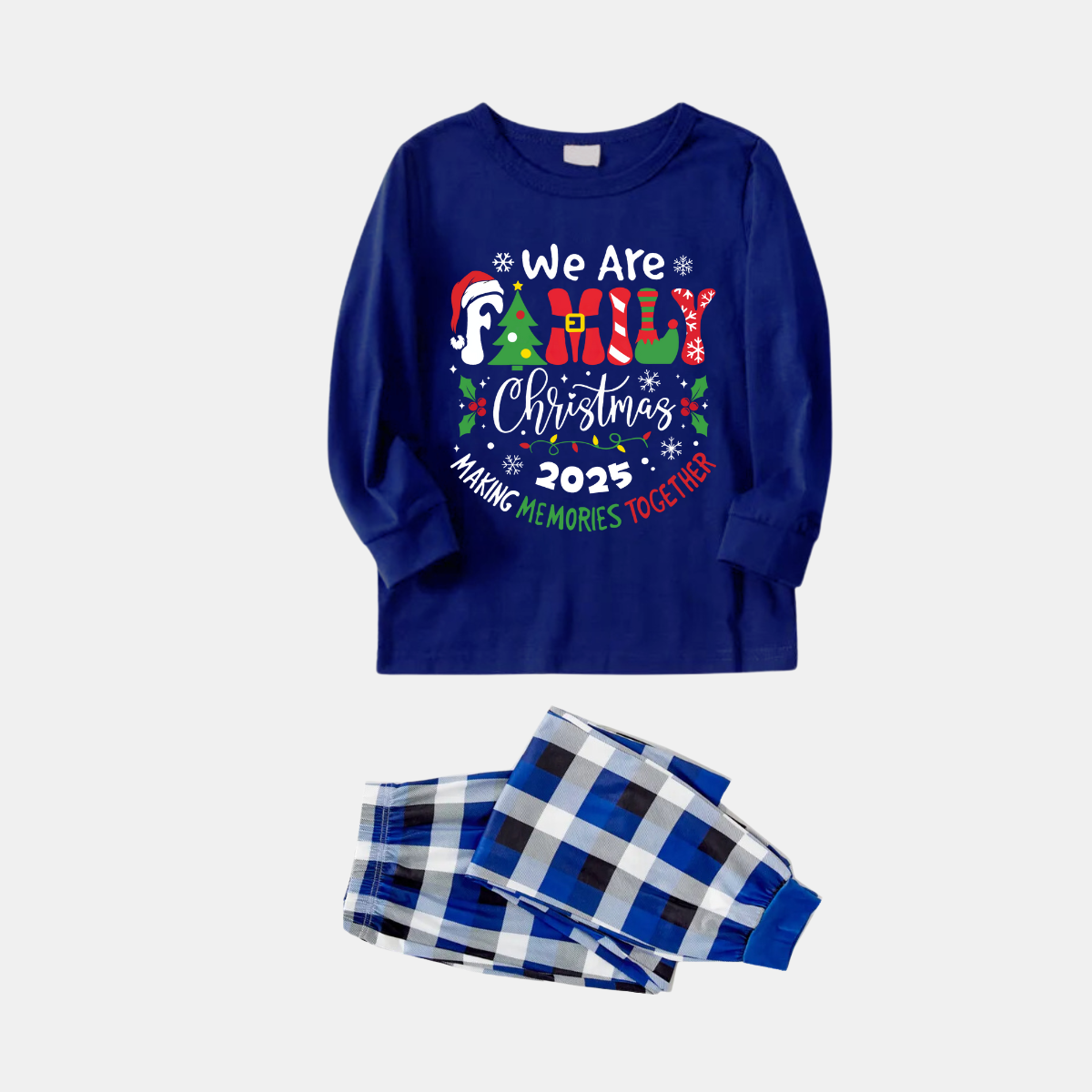 "We are Family 2025 Christmas Make Memories Together" Slogan Print Blue Long Sleeve with Versatile Blue and White Plaid Pants Family Matching Pajamas