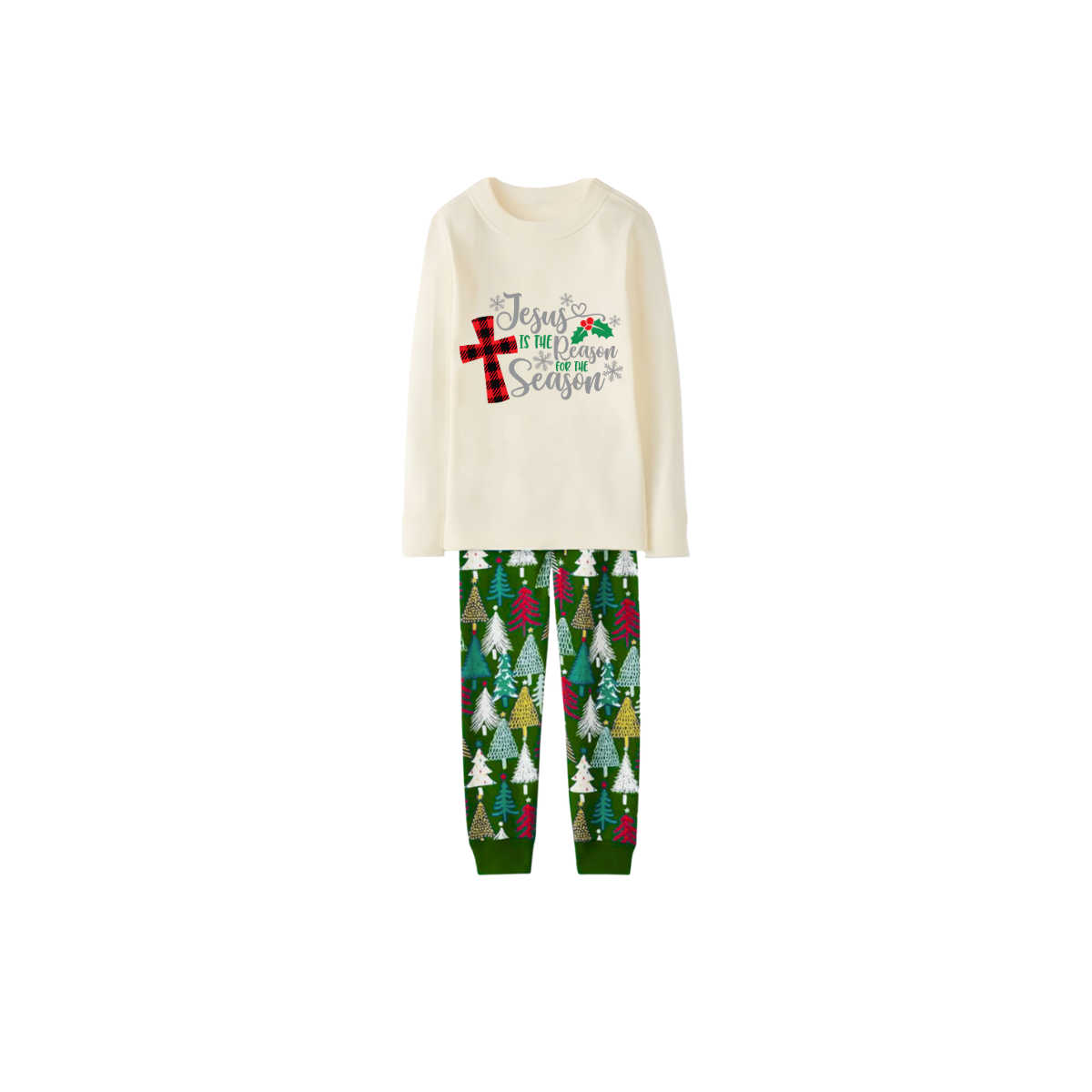 Matching Family Christmas Pajamas Jesus Is the Reason, Cream & Tree Pattern