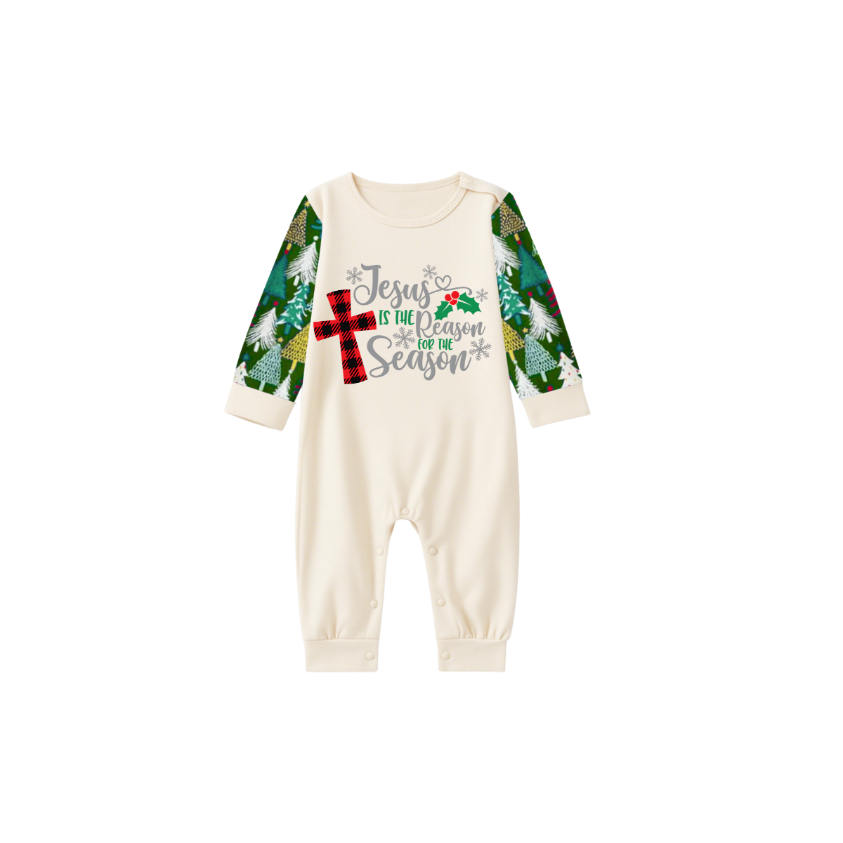 Matching Family Christmas Pajamas Jesus Is the Reason, Cream & Tree Pattern