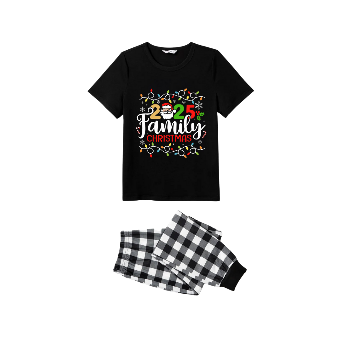 Black and White Plaid Christmas Short Sleeve Pajamas Set With Christmas Light and "2025 Family Christmas" Text Print