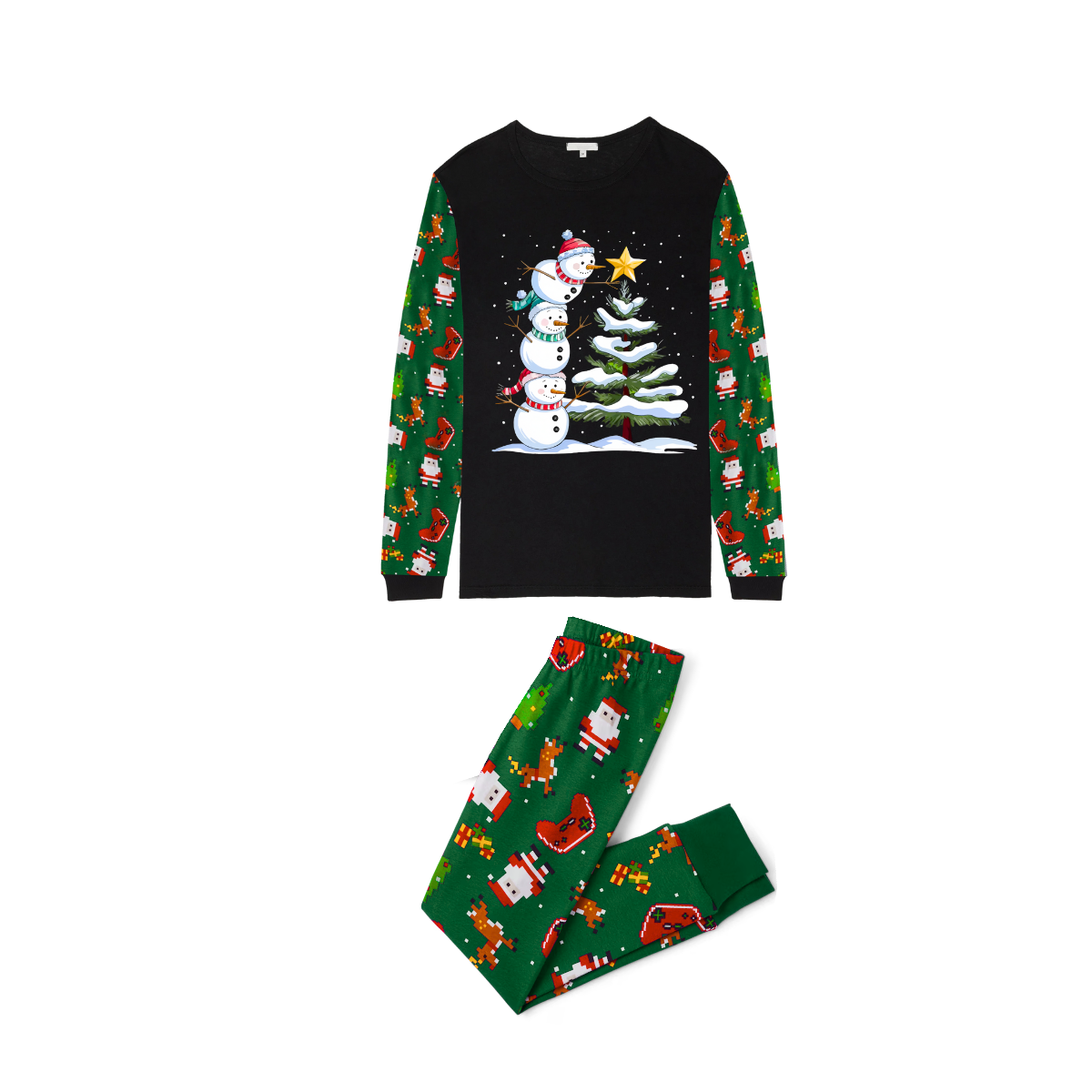 Joyful Green Color-Blocked Christmas Pajamas Set with Snowman & Christmas Tree Print