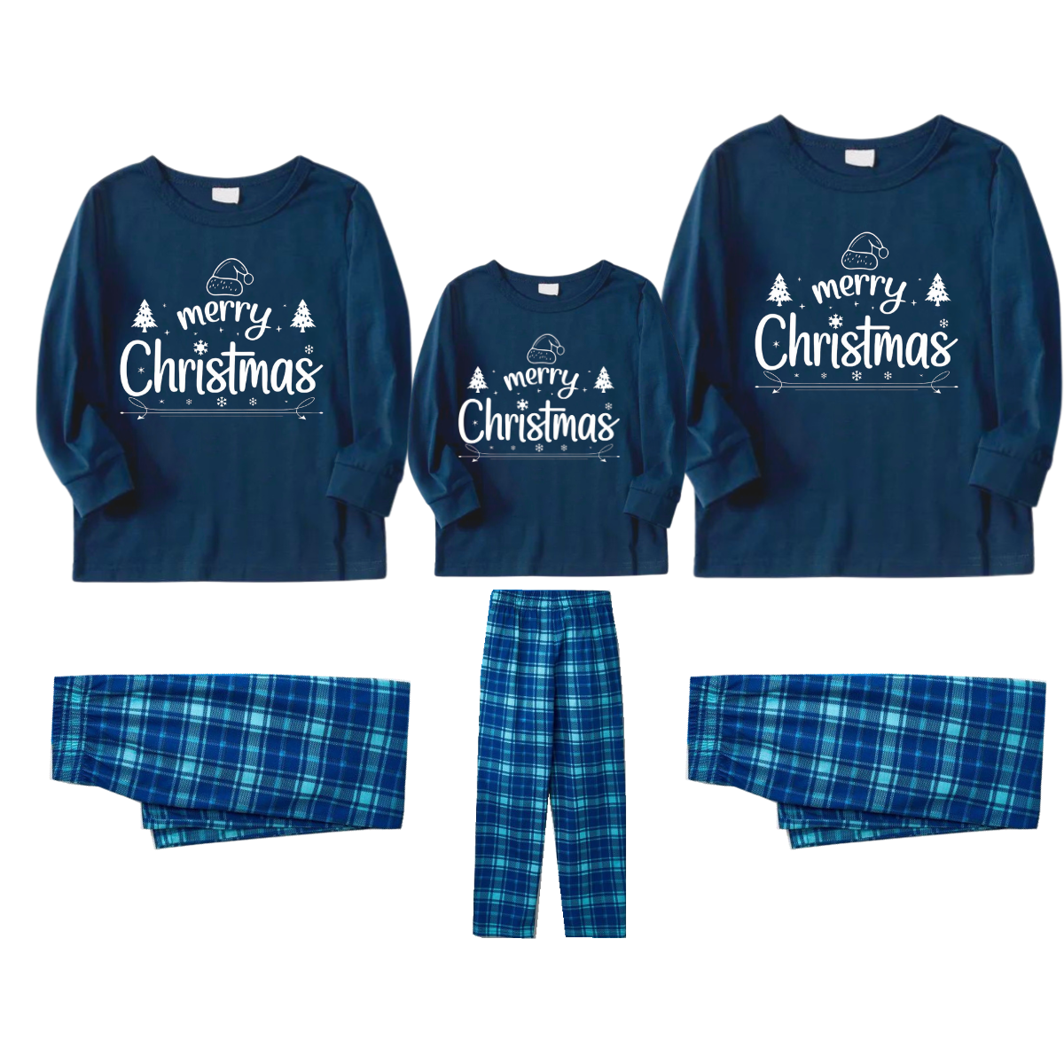 "Merry Christmas" White Letter 2025 Blue Long Sleeve Top With Blue Plaid Family Matching Pajamas