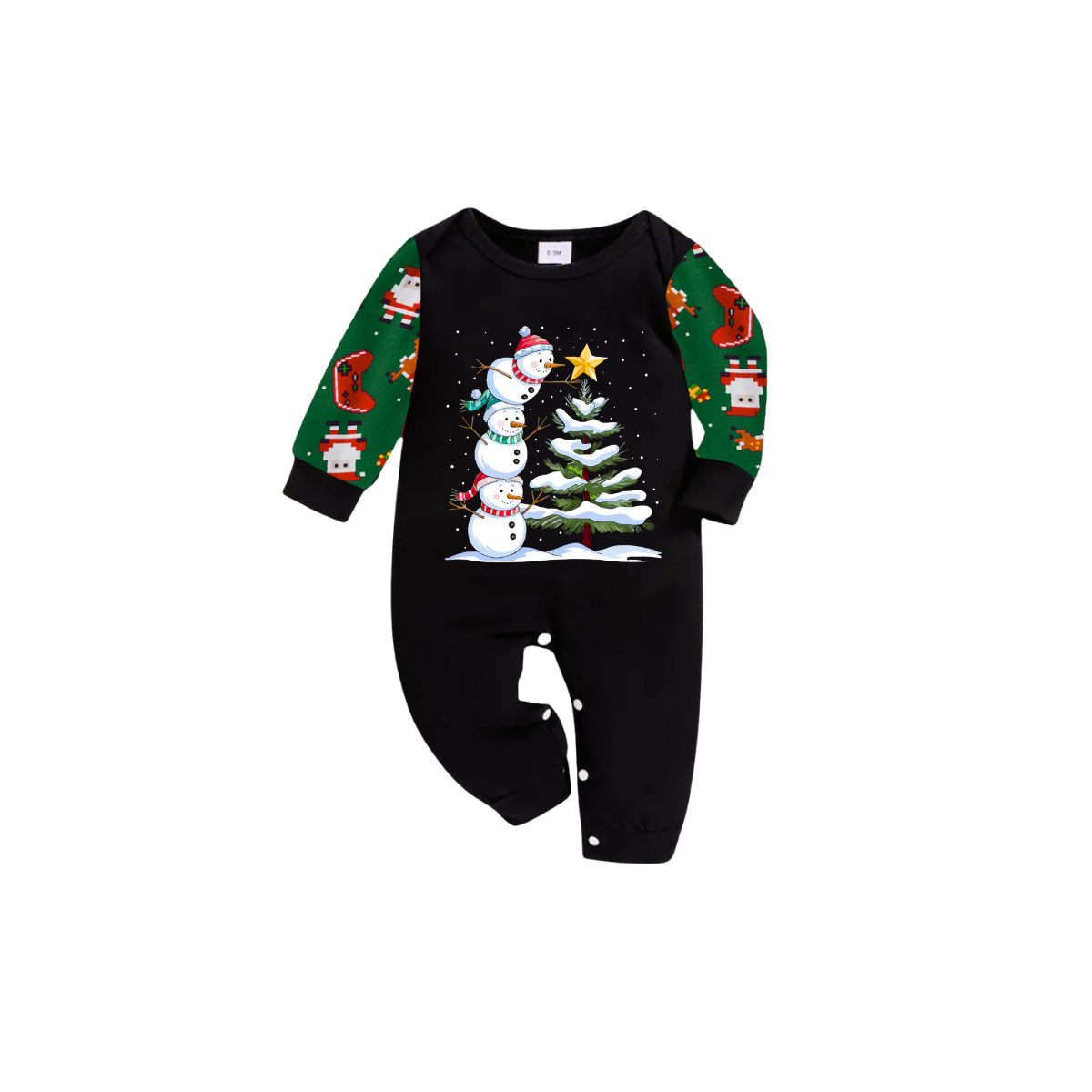 Joyful Green Color-Blocked Christmas Pajamas Set with Snowman & Christmas Tree Print