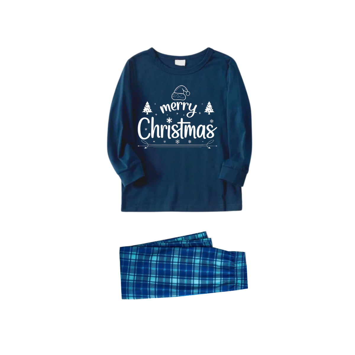"Merry Christmas" White Letter 2025 Blue Long Sleeve Top With Blue Plaid Couple Matching Pajamas