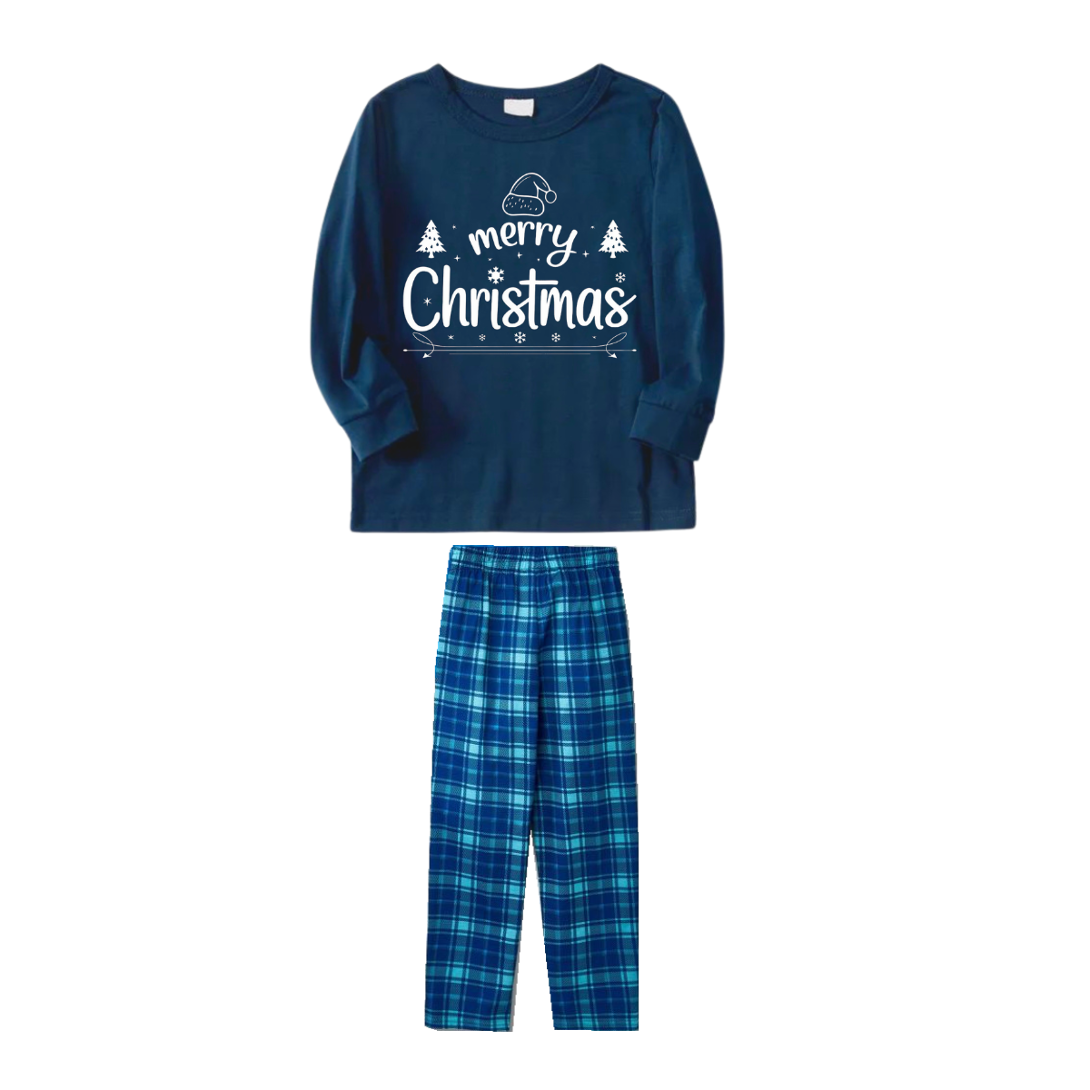 "Merry Christmas" White Letter 2025 Blue Long Sleeve Top With Blue Plaid Couple Matching Pajamas