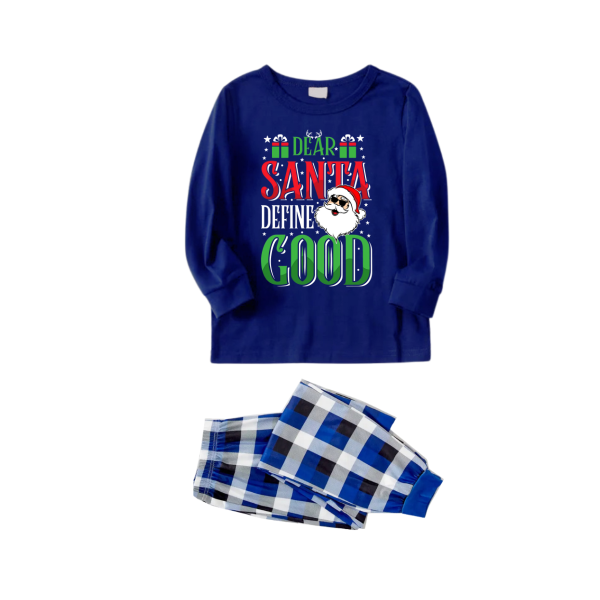 "Dear Santa Define Good" Text Printed Blue and White Plaid Family Matching Pajamas