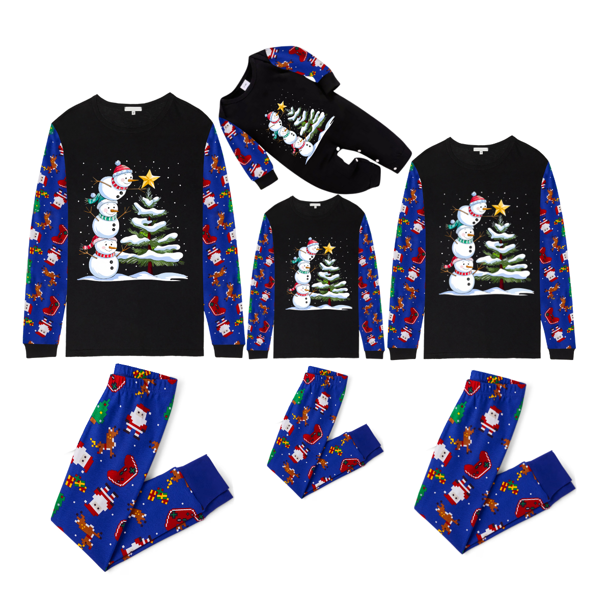 Joyful Blue Color-blocked Christmas Pajamas Set with Snowman & Christmas Tree Print