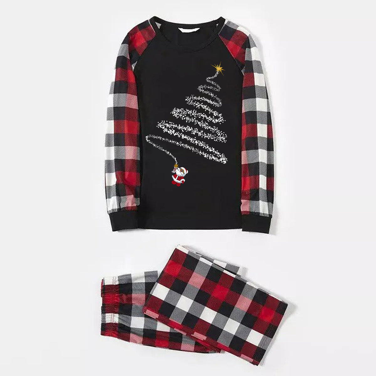 Christmas Santa Claus Print Patterned Casual Long Sleeve Sweatshirts Contrast Tops and Red & Black & White Plaid Pants Family Matching Pajamas Set With Pet Bandana