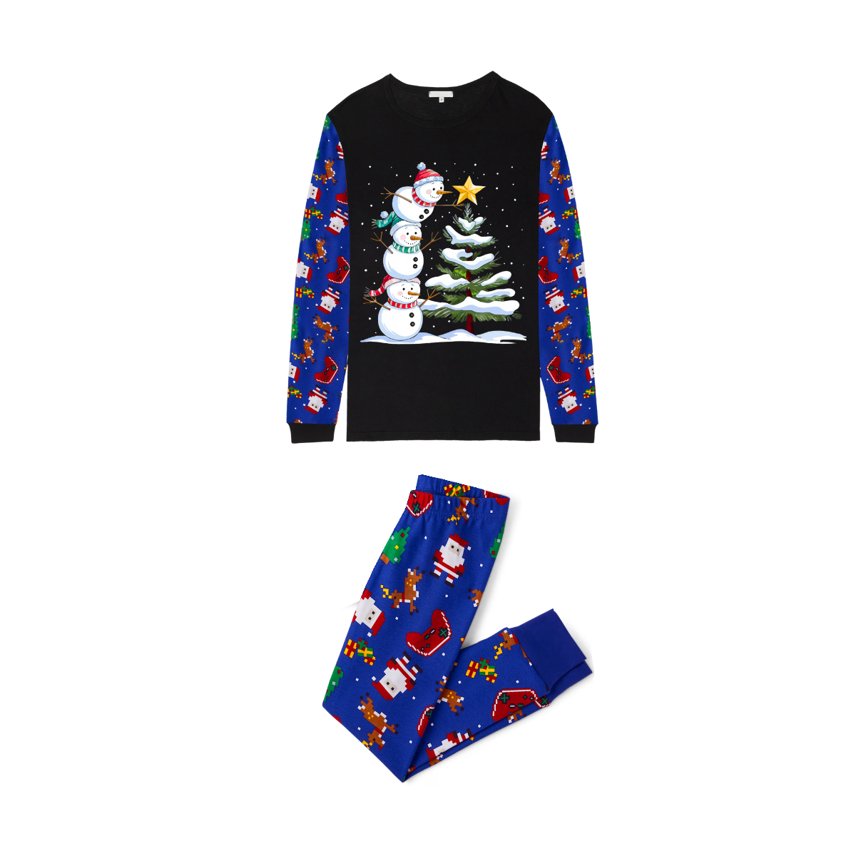 Joyful Blue Color-blocked Christmas Pajamas Set with Snowman & Christmas Tree Print